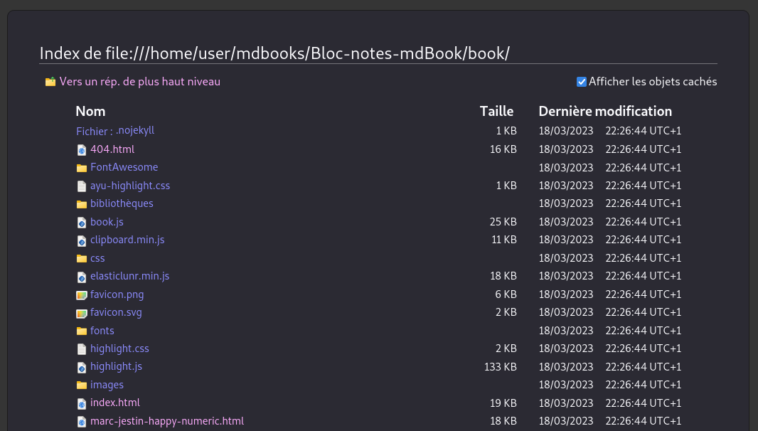 mdBook lien vers la page accueil en local dossier book