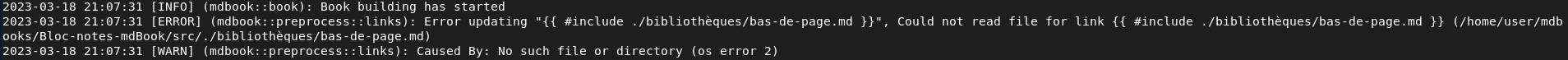 mdBook Avertissement adresse de fichier incorrecte pour un {{ #include }} dans un bloc code